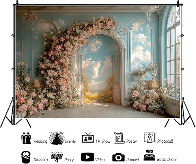 Baocicco 12x10ft Floral Wall Photography Background Romantic Style Arch Door Oil Painting Flowers Photo Background for Women Wedding Party Banner Supplies Girls Birthday Decorations Photoshoot Studio
