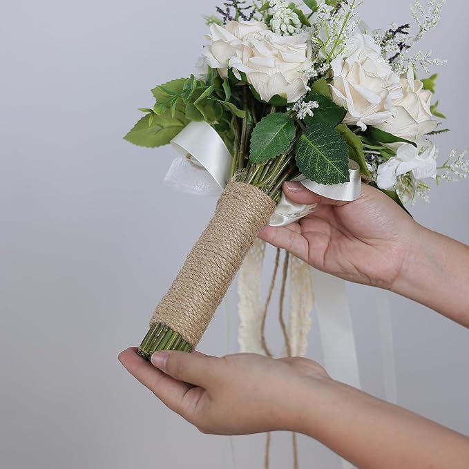 Wedding Bouquets Large for Bride Bridesmaid,White Champagne Artificial Roses Flowers for Wedding Church Decoration (9.5in)