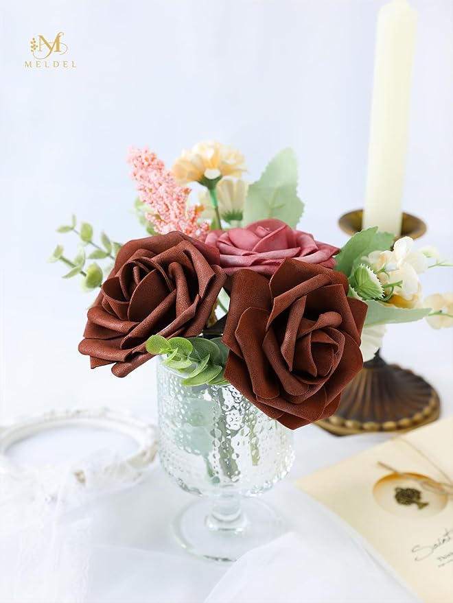 Meldel Artificial Flower 25pcs Real Touch Amber Fake Foam Roses with Stems for DIY Wedding Bouquets Gifts Bridal Shower Faux Floral Centerpieces Arrangements Home Party Tables Decorations