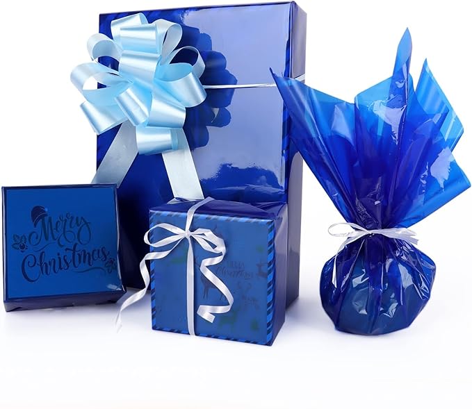 POPGIFTU Cellophane Wrap Roll Blue(34 in x 100 ft)- 3 Mil Thicken Translucent Blue Cellophane Roll, Large Colorful Cello Wrapping Paper for Gift Basket Treats Wrap DIY Arts Crafts Decoration
