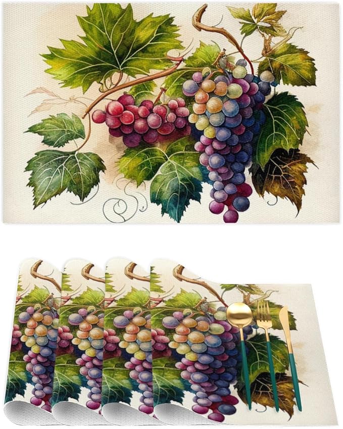 Fruit Grapes Purple Abstract Placemats Set of 1 PVC Vinyl Non Slip Table Mats Waterproof Heat Resistant Place Mats Washable Wipeable Dining Table Mat for Kitchen Party Indoor Outdoor Decorative
