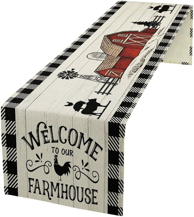 Rustic Farmhouse Table Runner Vintage Western Farm Cow Rooster Red Barn Cabin Country Lodge Dinner Runner for Home Kitchen Dinner Table Party Decoration 13x70in