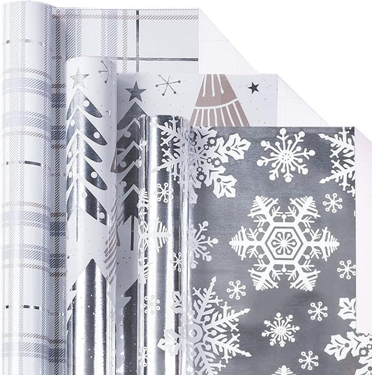 LeZakaa Christmas Wrapping Paper Mini Roll, Silver Metallic Foil Paper - Tree/Snowflake/Plaid Design for Gift Wrap, Arts Crafts - 17 x 120 inches - 3 Rolls (42.5 sq.ft.ttl.)