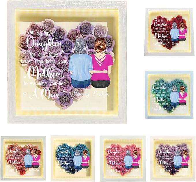 Personalized Mom Flower Shadow Box with LED Light Custom Heart Shaped Rose Flower Shadow Box Frame with Family Portrait To My Daughter Mother's Day Shadowbox Memory Gifts for Mom from Daughter