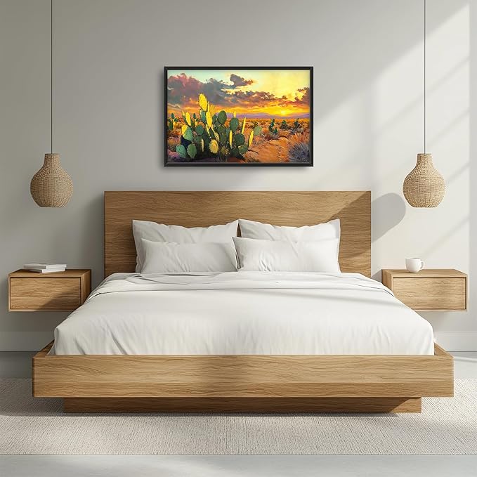 Western Cactus Wall Art Southwest Desert Sunset Pictures Wall Decor Arizona Landscape Canvas Painting Prints Framed Large Modern Artwork Home Decorations for Bedroom Living Room Office 36"x24"