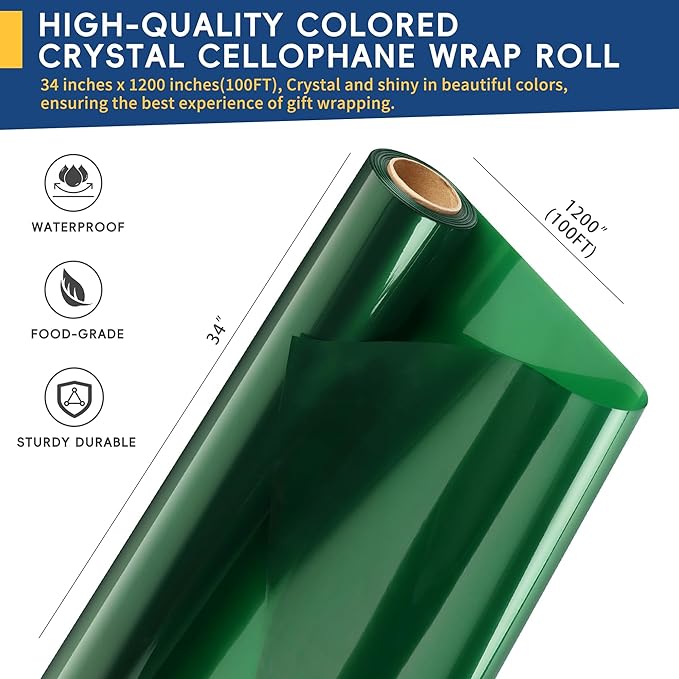 POPGIFTU Cellophane Wrap Roll Green(34 in x 100 ft)- 3 Mil Thicken Translucent Green Cellophane Roll, Large Colorful Cello Wrapping Paper for Gift Basket Treats Wrap DIY Arts Crafts Decoration