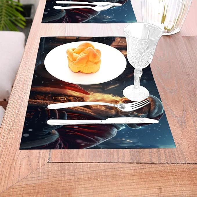 PVC Placemats Set of 4 Wipeable Table Mats Washable Heat Resistant Non Slip Vinyl Dining Table Mat for Kitchen Indoor Outdoor Patio Farmhouse Place Mats Vintage Christmas Santa Claus Decorative