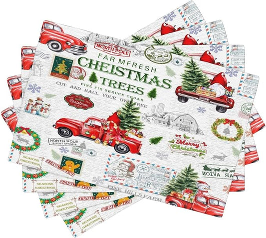 Christmas Placemats Simple Rustic Christmas Tree Red Gnome Truck Christmas Bells Gifts Wreath Snowman Greeting Card Placemats Table Kitchen Dining Party 12x18 Inch Set of 4