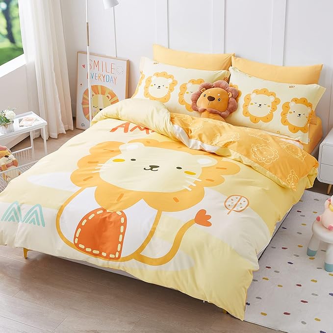 SAPHREAS Cartoon Lion Printed Kids Duvet Cover Set 4pcs with Fitted Sheet Queen Size Yellow Animal Pattern Cotton Children Comforter Cover Set, Comforter Not Included