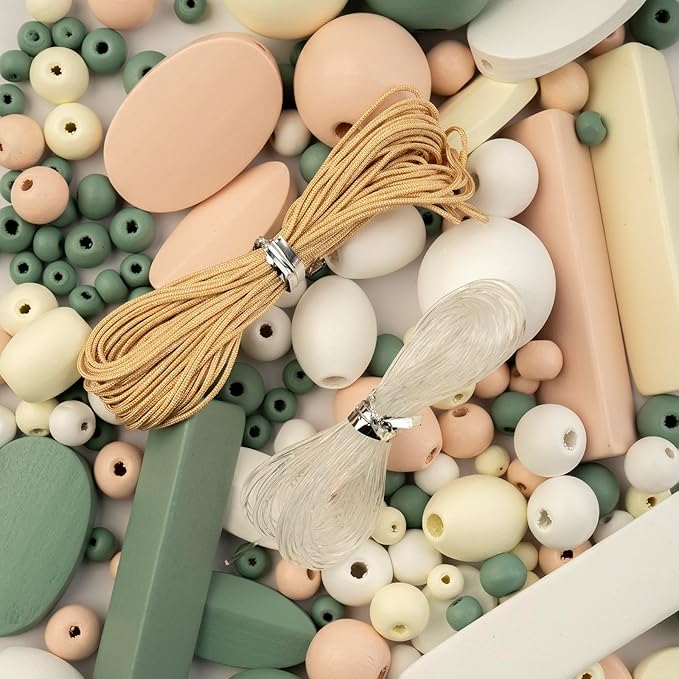 John Bead 90g Craft Beads White/Cream/Light Peach/Green Wood Beads with Elastic Nylon Cord