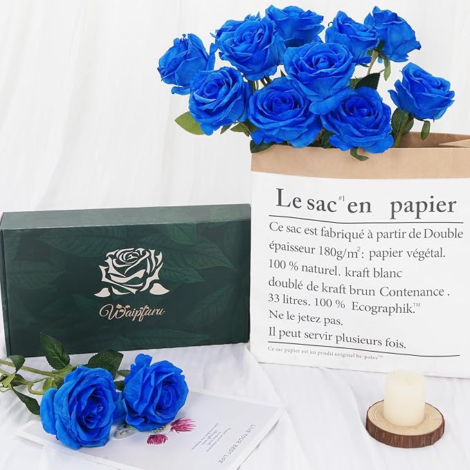 Waipfaru 16 Pcs Blue Roses Artificial Flowers, Fake Silk Roses with Long Stems, Faux Flowers for Independence Day Wedding Bouquet Centerpiece 4th of July Patriotic Decor (Royal Blue)