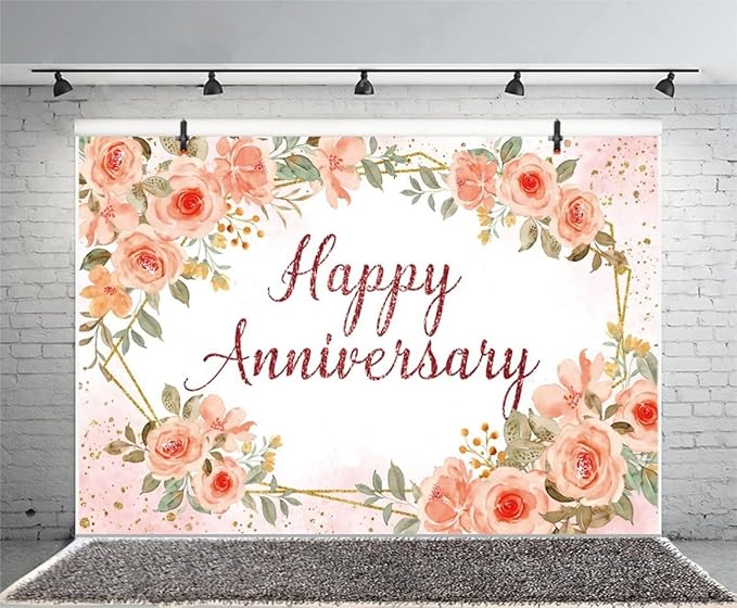 Leyiyi 10x6.5ft Happy Anniversary Backdrop Watercolor Pink Floral Rose Green Leaves Gold Dots Glitter Photography Background Cheers to Wedding Anniversary Bridal Shower Party Decorations Photo Props