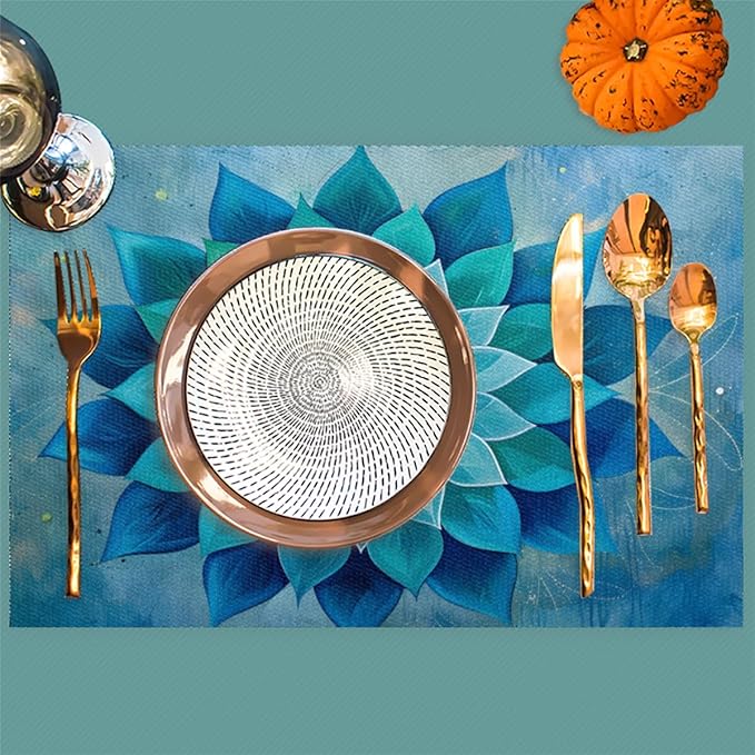 Teal Flower Mandala Placemats Set of 1 PVC Vinyl Non Slip Table Mats Waterproof Heat Resistant Place Mats Washable Wipeable Dining Table Mat for Kitchen Party Indoor Outdoor Decorative