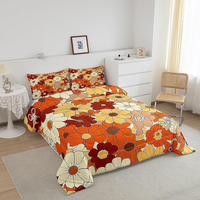 Castle Fairy Bohemian Flowers Comforter Set Full Size,70s Vintage Floral Bedding Comforters Room Decor,Hippie Retro Groovy Botanical Quilt Set with 2 Pillowcases,Teens Present