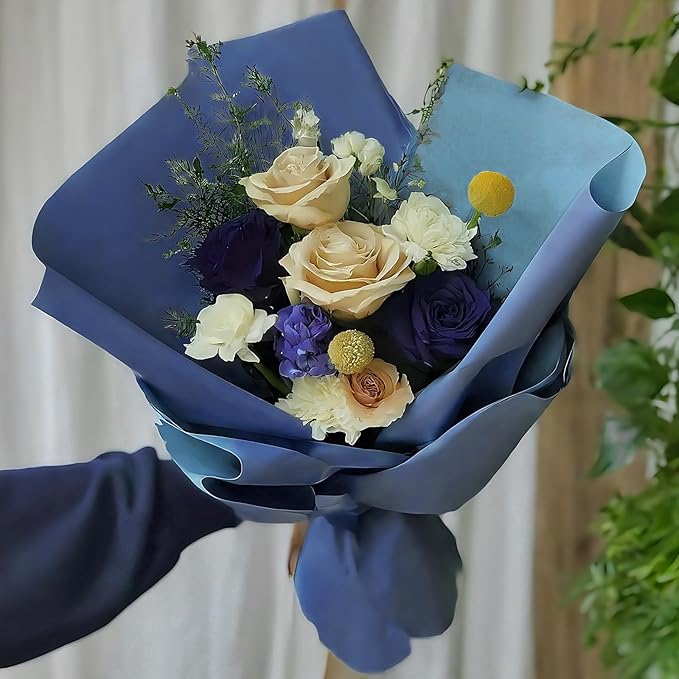 LeZakaa 20 Sheets Flower Wrapping Paper - Waterproof Reversible Floral Bouquet Paper - Sky Blue and Navy Blue Design for Father's Day, Graduation, Party, Holiday