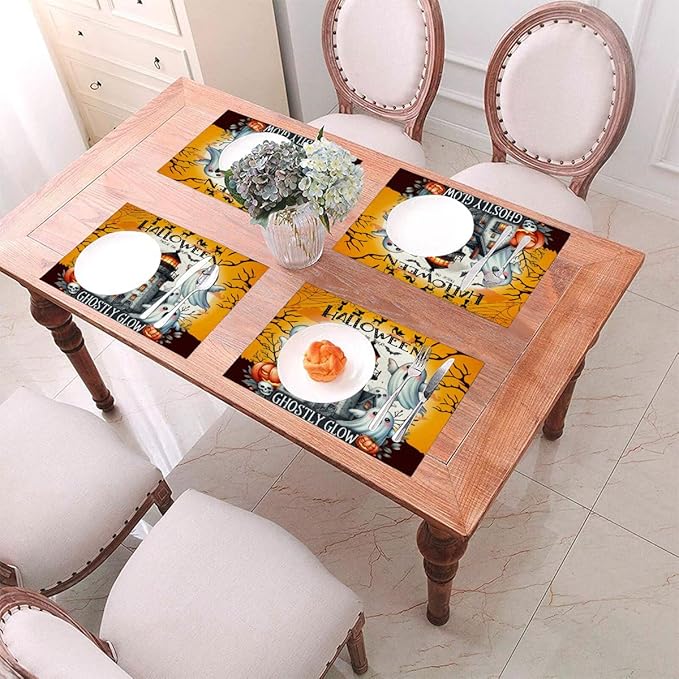 PVC Placemats Set of 6 Wipeable Table Mats Washable Heat Resistant Non Slip Vinyl Dining Table Mat for Kitchen Indoor Outdoor Patio Farmhouse Place Mats Black Halloween Castle Decorative