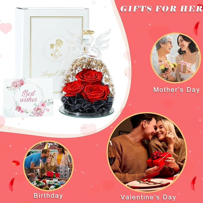 Beferr Christmas Birthday Gifts for Women, Mom Gifts for Christmas Fresh Flowers for Delivery Prime Forever Preserved Rose in Glass Angel Figurine Xmas Gifts for Grandma Wife Sister Her, Black & Red