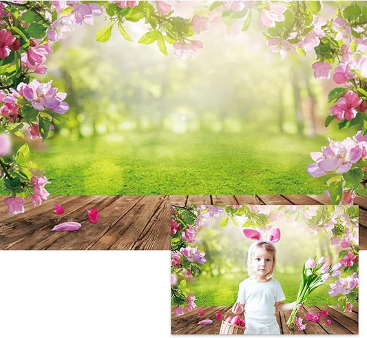 Renaiss 7x5ft Spring Nature Scenery Pink Flower Blossom Green Leaves Wood Floor Park Floral Meadow Photography Background for Wedding Baby Shower Birthday Party Decor Photo Studio Props