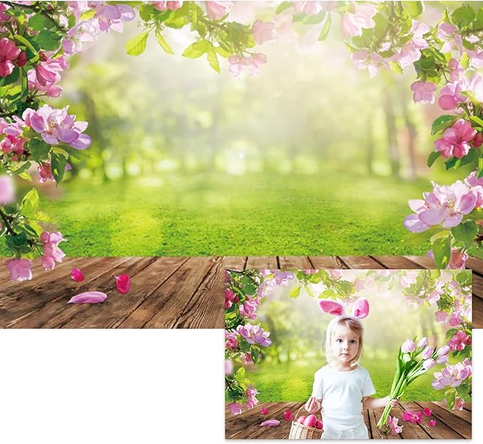Renaiss 10x7ft Spring Nature Scenery Pink Flower Blossom Green Leaves Wood Floor Park Floral Meadow Photography Background for Wedding Baby Shower Birthday Party Decor Photo Studio Props