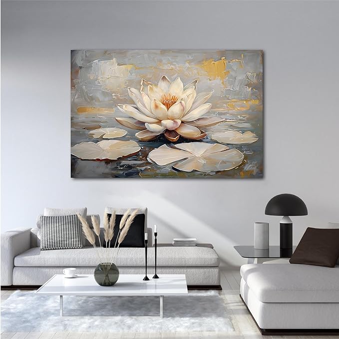 Ethereal white lotus floating on Crystal Waters poster vintage oil painting printwall art soft blush and gold accents serene home and office decor dreamy 12x18in Wood Framed