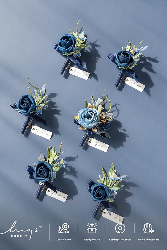 Ling's moment Boutonniere for Men, 6pcs Groom Groomsmen Boutonniere, Artificial Flowers for Wedding Decor/Prom/Homecoming, etc.Blue
