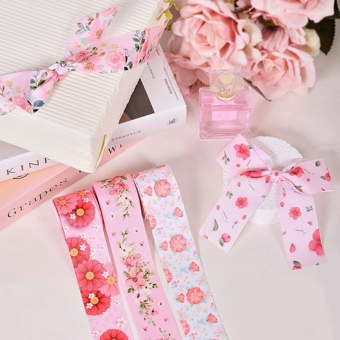 Floral Grosgrain Ribbon, 5 Rolls Flower Pattern Ribbon Spring Summer Fabric Decorative Craft Ribbon Roll for Gift Wrapping Decor Hair Bow Sewing Wreath Crafts (Pink Floral, 2.5Inch X 20Yards)