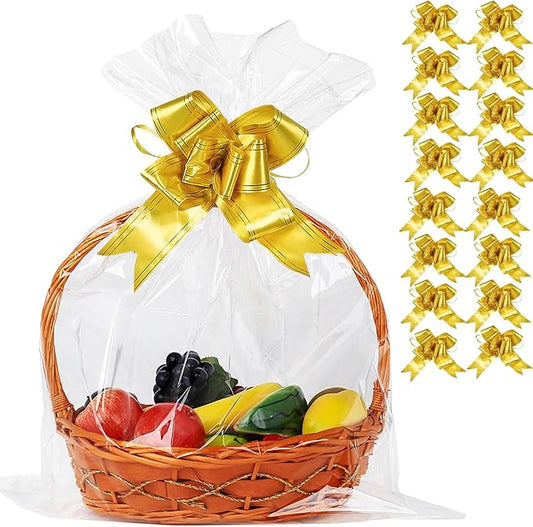 100 Packs Large Cellophane Bags 18" x 24" Clear Cellophane Gift Basket Wraps 2.3 Mil Thick Transparent Cello Bags for Fruit Basket, Gift Wrap, Treats, Arts and Crafts, 100ct Yellow Ribbon Bows