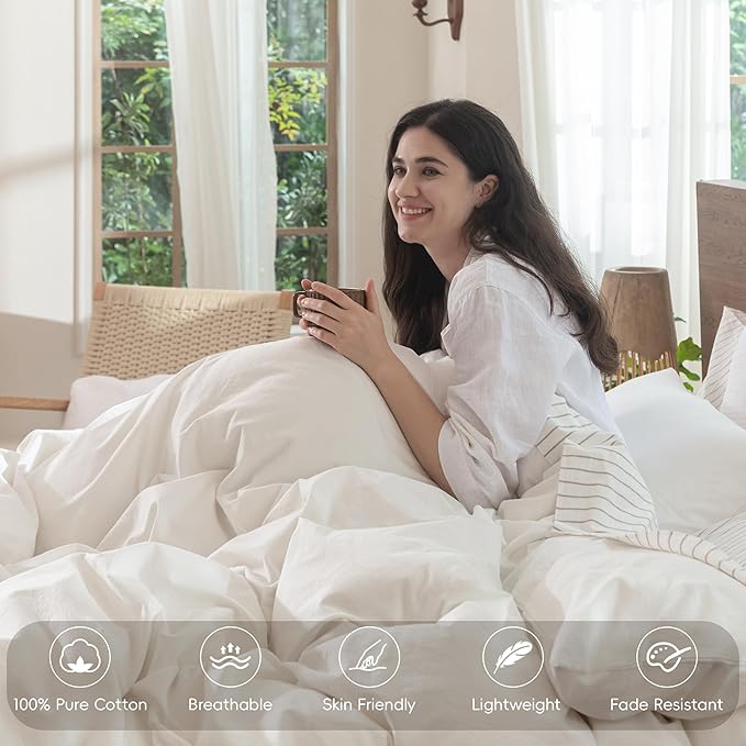 MooMee Bedding Duvet Cover Set 100% Washed Cotton Linen Like Textured Breathable Durable Soft Comfy (Solid Off White, Queen 90"x90")