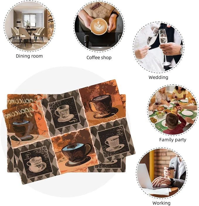 Coffee Linen Table Placemats Set of 6 Vintage Modern Art Placemat Indoor Outdoor Party Home Desktop Kitchen Dining Room Decoration 12x18 Inch