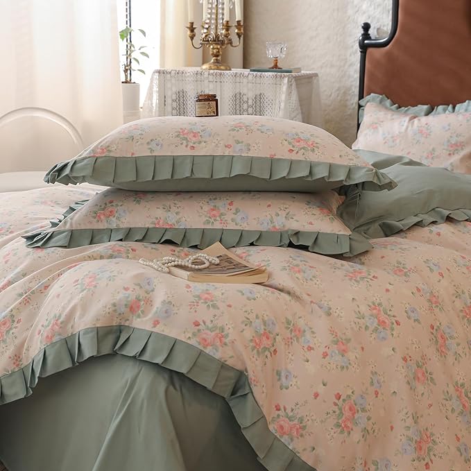 LifeTB Romantic Ruffle Floral Duvet Cover Queen 3 Pieces Flower Duvet Cover Girls Floral Comforter Cover 100% Cotton Princess Lace Bedding Cover Cottagecore Flower Comforter Cover with 2 Pillowcases