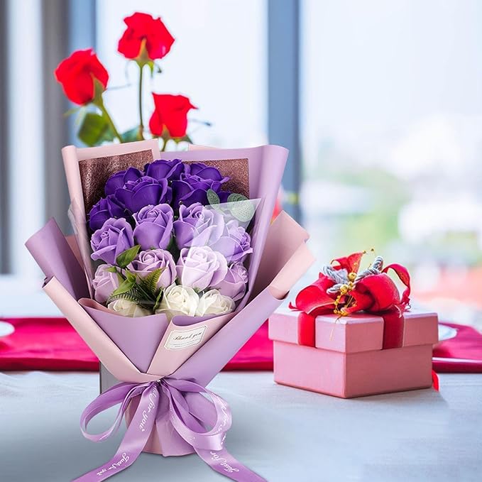 Roses Bouquet Artificial Flower - Preserved Red Rose Flowers with Love Necklace for Her Unique Gift for Birthday, Valentine's Day, Mother's Day, Thanksgiving, Christmas, Anniversary (Purple and White)