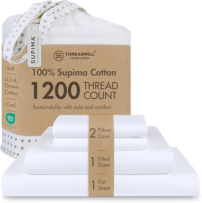 Threadmill Luxury Supima Queen Sheet Set, 1200 Thread Count 100% Cotton Sheets for Queen Size Mattress, 4 Pc Bed Sheets Queen Size Set, 5-Star Hotel Quality White Queen Sheets Elasticized Deep Pocket