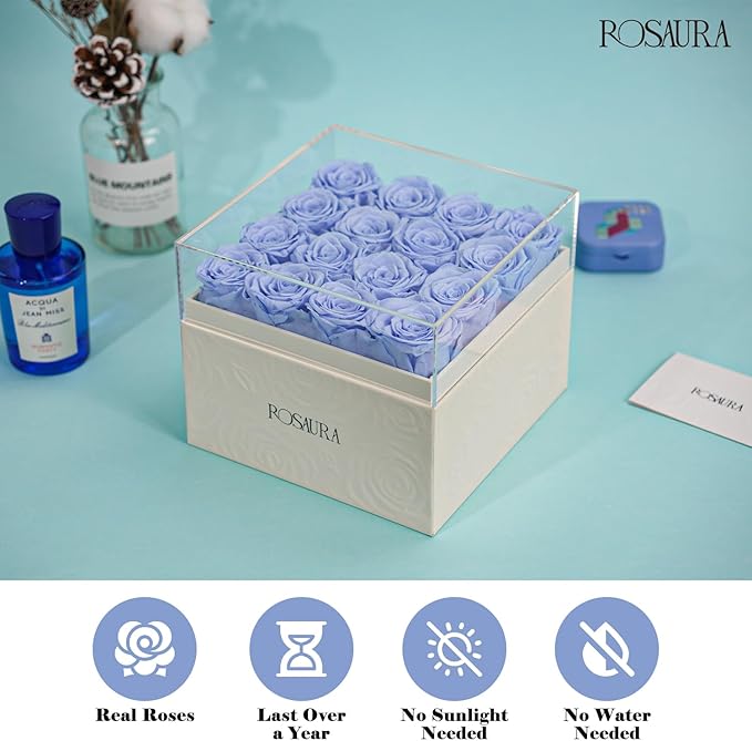 Rosaura Square Preserved Roses Gift Box - Real Forever Flowers in Clear Acrylic Lid, Valentine's for Women (Sky Blue, 16 Roses)
