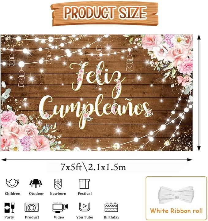 Feliz Cumpleaños Backdrop Pink Floral Retro Mexican Fiesta Happy Birthday Party Decorations Mexico Carnival Birthday Banner Photo Shoot Props 7x5ft