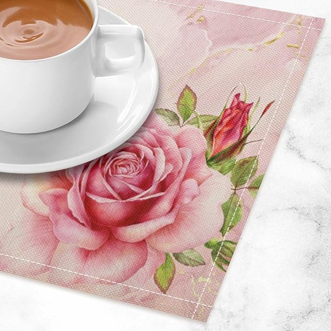 Pink Flower Placemats Set of 6, 17x12 Inch Romantic Watercolor Floral Rose Print Table Mats for Home Party Kitchen Dining Decor