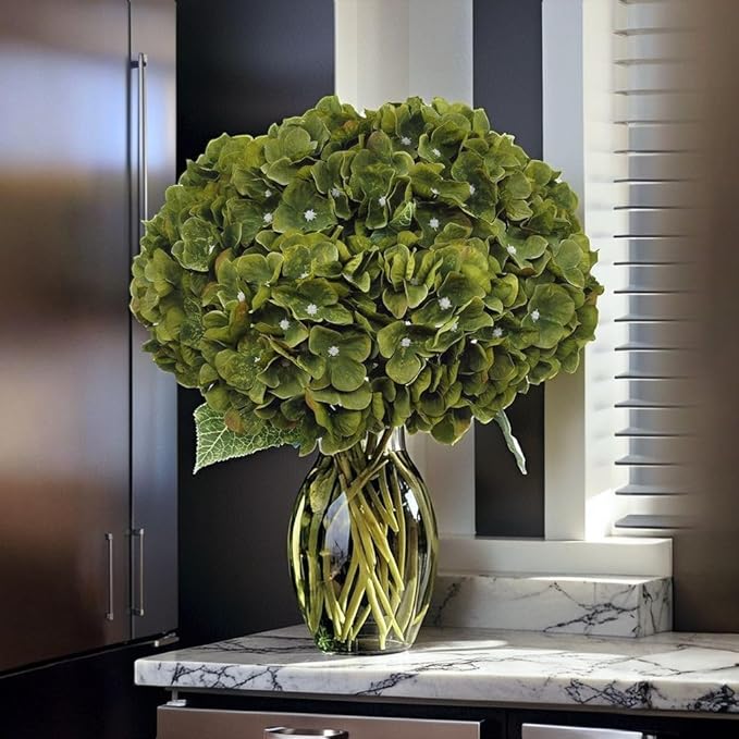 2Bouquets Artificial Fake Flowers Plants Silk Hydrangea Arrangements Wedding Bouquets Decorations Plastic Floral Home Kitchen Garden Party Festival Bar DIY(Olive Green,5 Flower Heads)