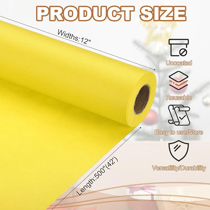 PATIKIL Wrapping Paper, 12" x 500"(42') 70 GSM Craft Paper Roll Kraft Packing Paper for Poster Bulletin Board, Gift Wrapping, Yellow