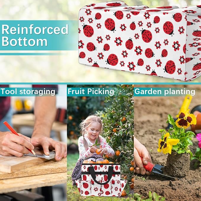 Ladybugs Flowers Garden Tool Tote Bag for Women Men Gardening Tool Storage Bags with 10 Pockets Standable Garden Home Tool Kits Organizer for Indoor Outdoor Gardening Gifts
