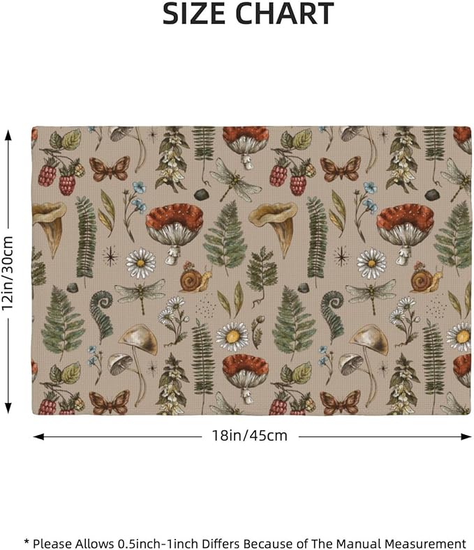 Mushroom Placemats Set of 4,Vintage Gothic Mushroom Fern Kitchen Place Mats Linen 12x18 Inch,Brown 4 PCS, Style-6