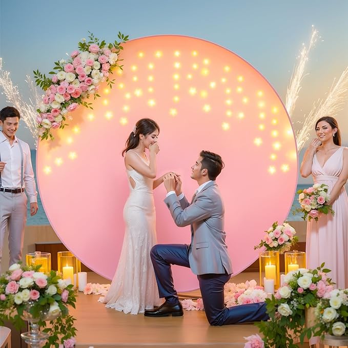 6.6 FT Pink Round Backdrop Cover with Lights String for Circle Arch Stand Circle Backdrop Covers with LED Fairy Lights for Wedding Baby Shower Girls Birthday Party Photo Shoot Photography Background