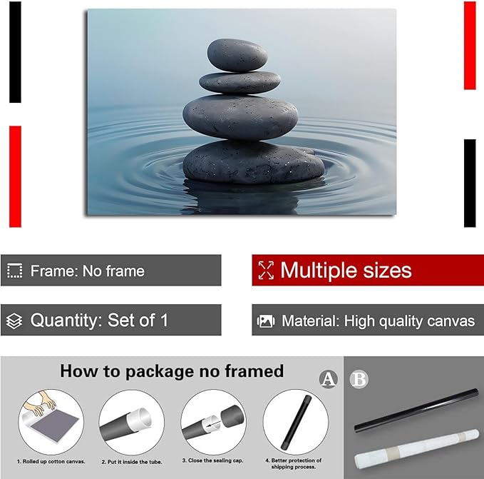 Zen wall art Harmonious grey stones stacked on a calm surface of water Serene Zen decor suitable for tranquil homes and spaces of meditation 16x24in Frameless