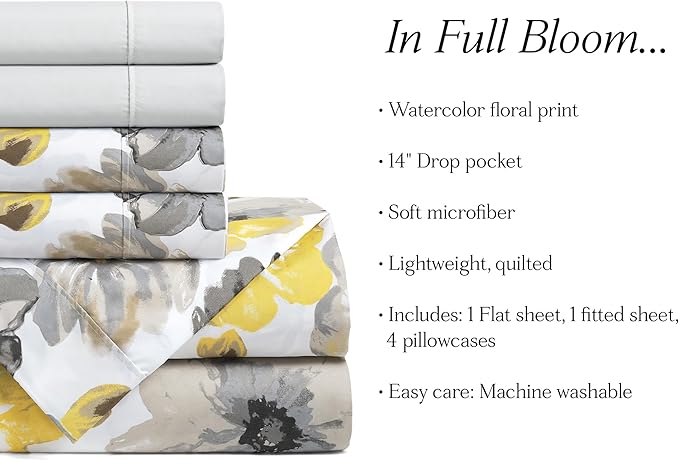Lush Decor Leah Soft Floral Sheet Set, 6 Piece Set, King, Yellow & Gray- King Size Sheet Set - Printed Bedding - Watercolor Florals - Farmhouse Décor