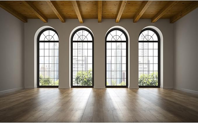 Empty Room Backdrop Concrete Walls Wooden Floor with Big Arched Windows Dance Photography Background Empty Loft Style with Brick Wall Photography Party Decorations Photo Studio Props 15x10ft
