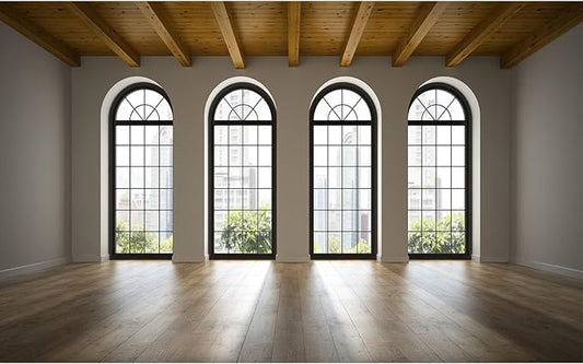 Empty Room Backdrop Concrete Walls Wooden Floor with Big Arched Windows Dance Photography Background Empty Loft Style with Brick Wall Photography Party Decorations Photo Studio Props 20x10ft