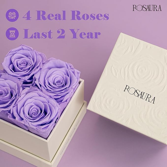 Rosaura 4-Piece Eternal Preserved Roses & Flowers Gift Box - Forever Lasting Real Roses, Preserved Flowers for Valentine's Day (Light Purple)