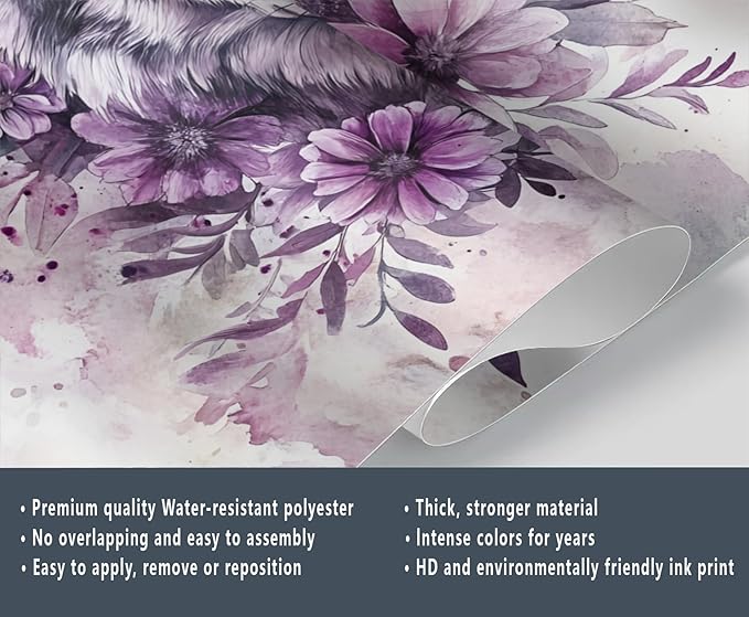 Wolf with Floral Watercolor Wall Mural, Purple Wolf Watercolor Art 3D Wall Murals, Art Flower Painting Wallpaper Mural, for Living Room Bedroom Large Wallpaper Indoor Decor 157.5" W x110.3 H