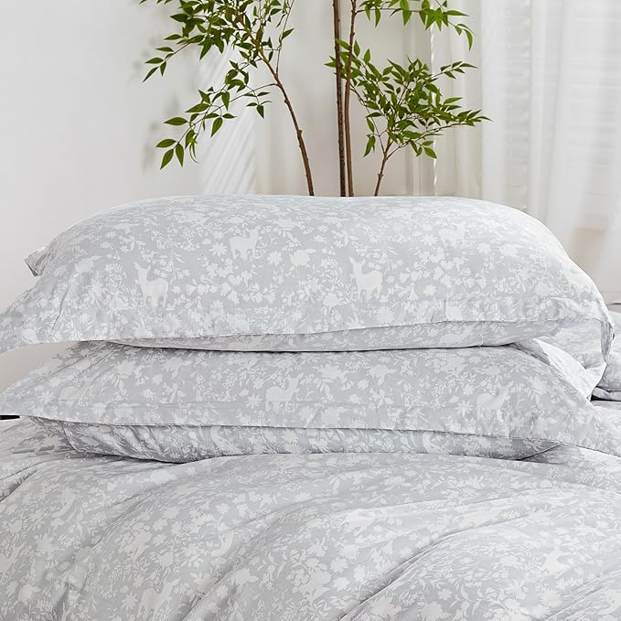 SAPHREAS Silver Grey Duvet Cover Queen 3pcs Soft Microfiber Botanical Plants Printed Pattern Gray Comforter Cover Set with Zipper Ties 1 White Floral Animal Cover 2 Pillow Shams (No Duvet Insert)