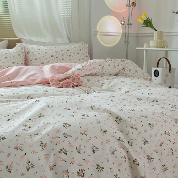 Girl Floral Duvet Cover Twin Pink White Flower Print Bedding Sets Garden Style Flower Comforter Cover Cotton Aesthetic Bedding Cover Chic Floral Bedroom Collection 1 Duvet Cover with 2 Pillowcases