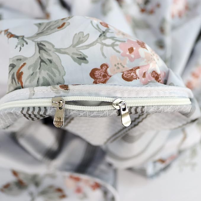 FADFAY Duvet Cover Set Full Elegant Floral Bedding Shabby Grey Bird Print Flower Quilt Cover Set Vintage Farmhouse Bedding 100% Cotton Soft Comforter Cover Set with Zipper Closure 3Pcs, Full Size