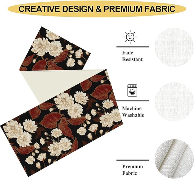 Boho Floral Table Runner, Black White Minimalist Vintage Rustic Flower Botanical Leaf Print Table Center Decor for Family Kitchen Table Decorations Indoor Outdoor 13x36 inch